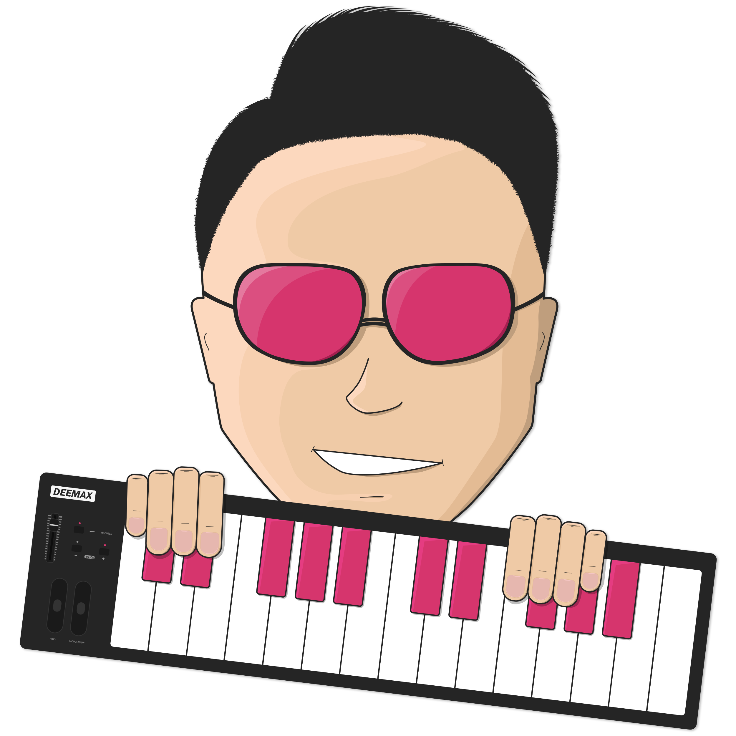 Deemax mascot: a cartoon producer in pink sunglasses holding a MIDI keyboard